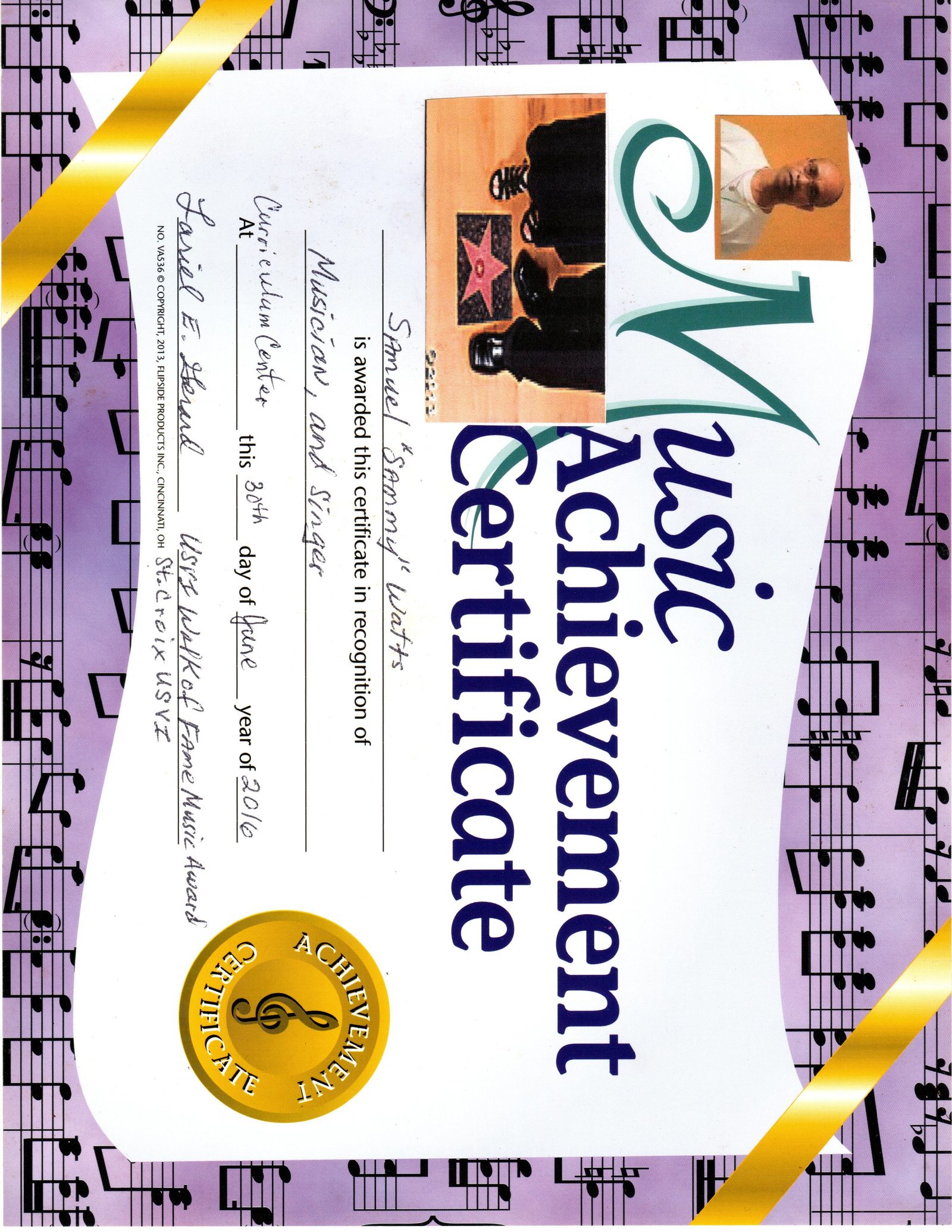 Music Achievement Certificate awarded to Sammy Watts